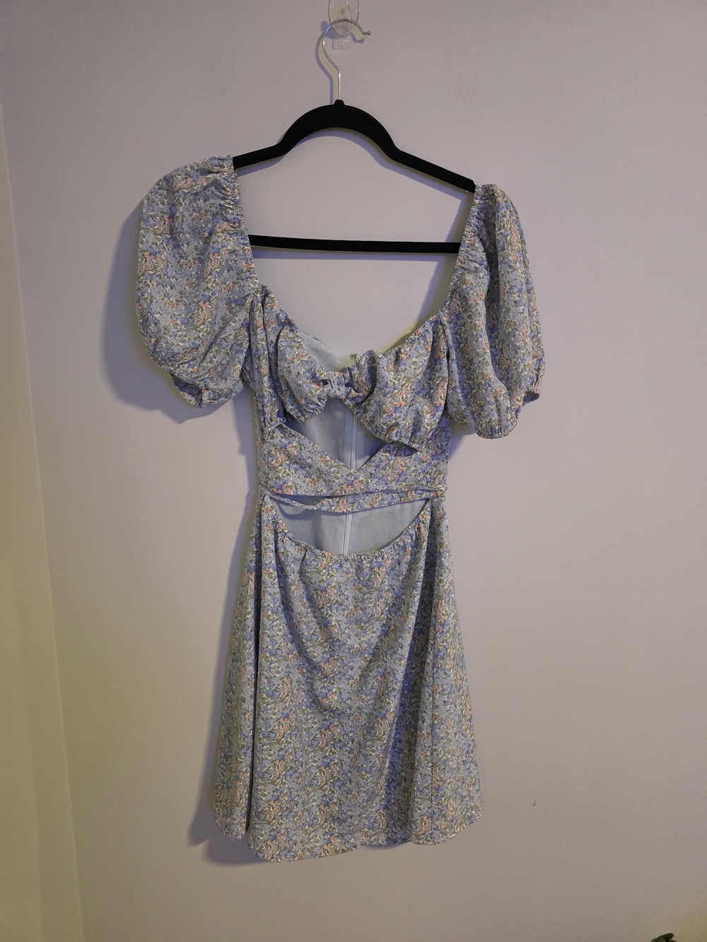 Smoky Park Blue Floral Cutout Mini Dress Puff Sleeve Cottagecore Size Small NWT - Picture 3 of 9
